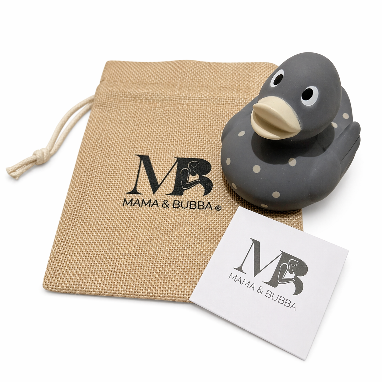 Kai natural rubber bath duck with linen gift bag. Mama and Bubba. 