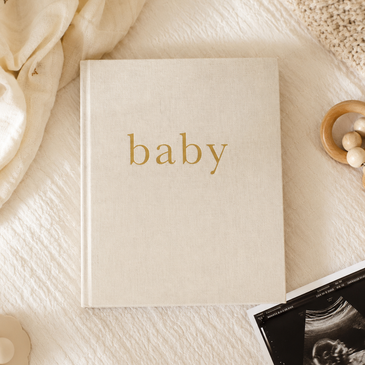Baby Memory Book UK, Neutral linen, Keepsake journal. Mama & Bubba 