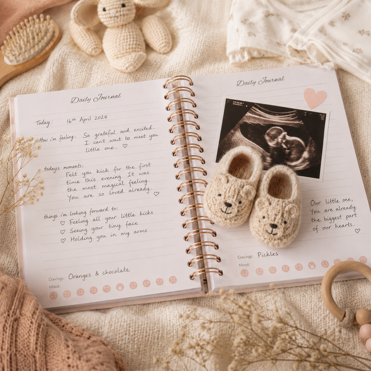 Mama and Bubba Pregnancy Journal, Lay Flat View with Pregnancy Journey Entry. 