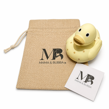Sisi natural rubber duck with natural linen gift bag. Mama and Bubba